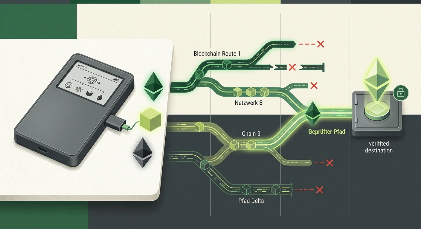 Abstraktes Netzwerkdiagramm für sichere Krypto-Einzahlungen mit Wallet, Asset und Ziel-Chain ohne echte Markenoberfläche