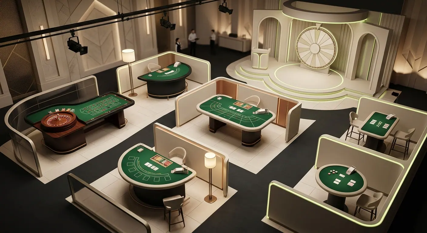Konzeptionelle Live-Casino-Studiolandschaft mit abstrakten Tischen für Roulette, Blackjack, Baccarat und Gameshows ohne echte Markenoberfläche