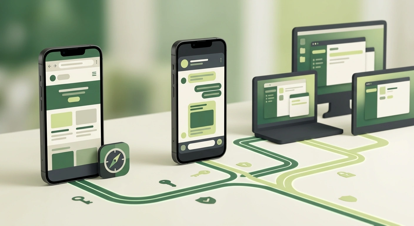 Abstrakte Geräteübersicht für mobile Website, PWA, Telegram Mini App und Desktop ohne echte CHEXX Benutzeroberfläche
