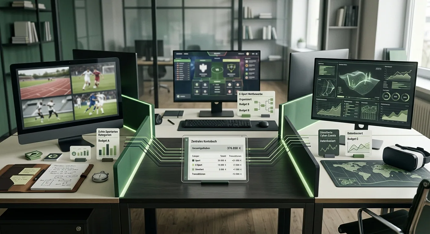 Abstrakte Gegenüberstellung von realem Sport, Esports und Cyber-Ereignissen ohne echte Wettoberfläche