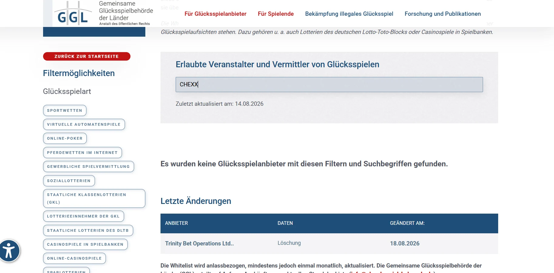 Originalansicht der amtlichen GGL-Whitelist mit Suchansicht für CHEXX beziehungsweise chexx.bet